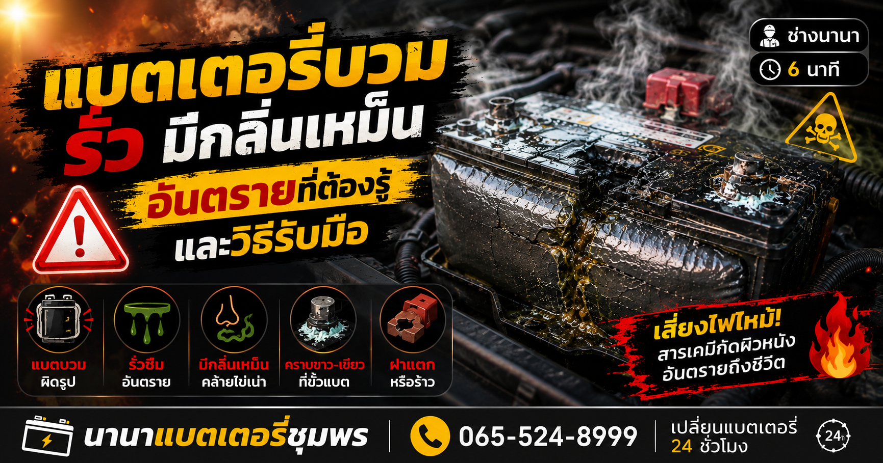 สาเหตุแบตเตอรี่บวมรั่วและสัญญาณอันตรายที่ต้องรีบเช็ค