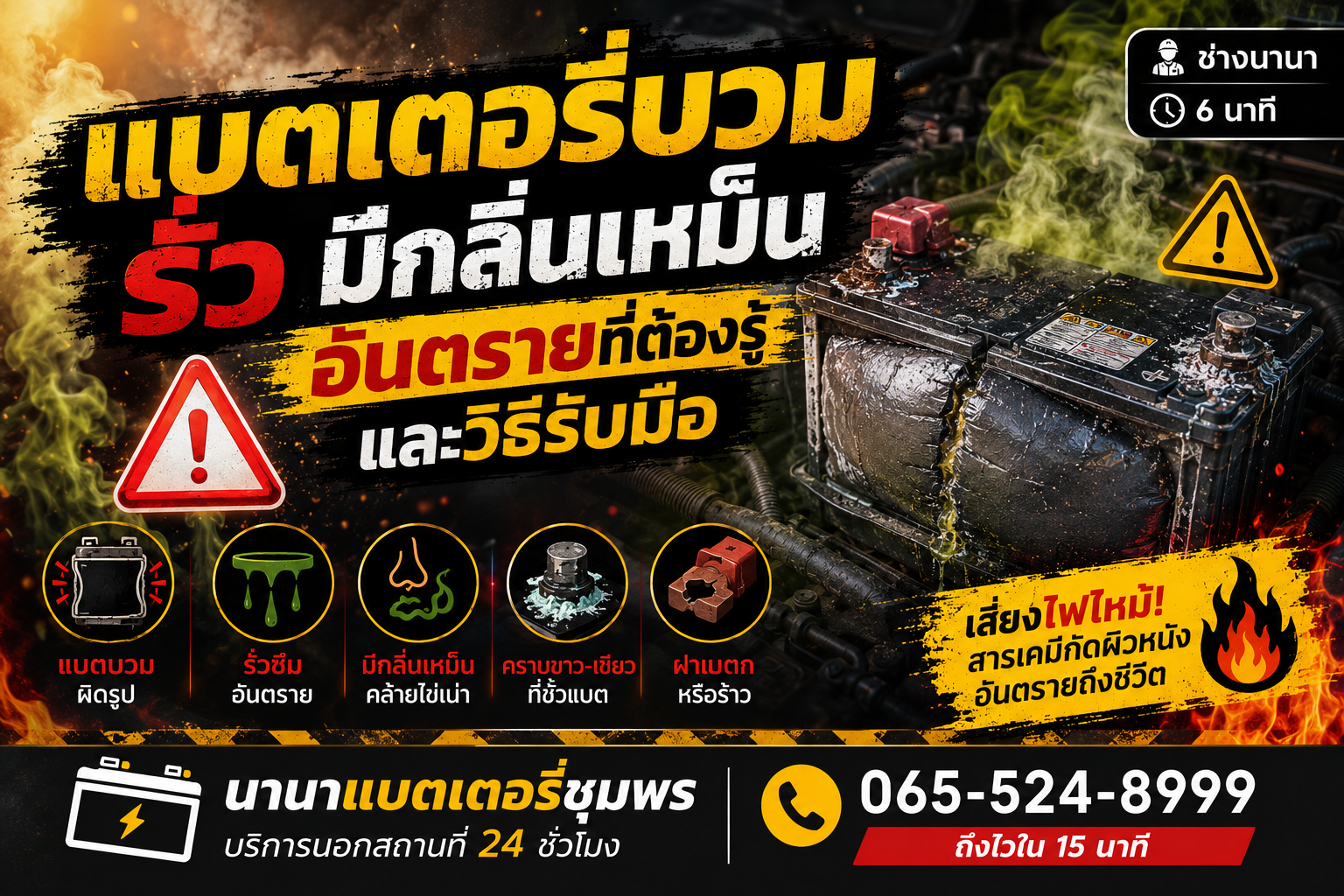แบตเตอรี่บวม รั่ว มีกลิ่นเหม็น อันตรายที่ต้องรู้และวิธีรับมือ